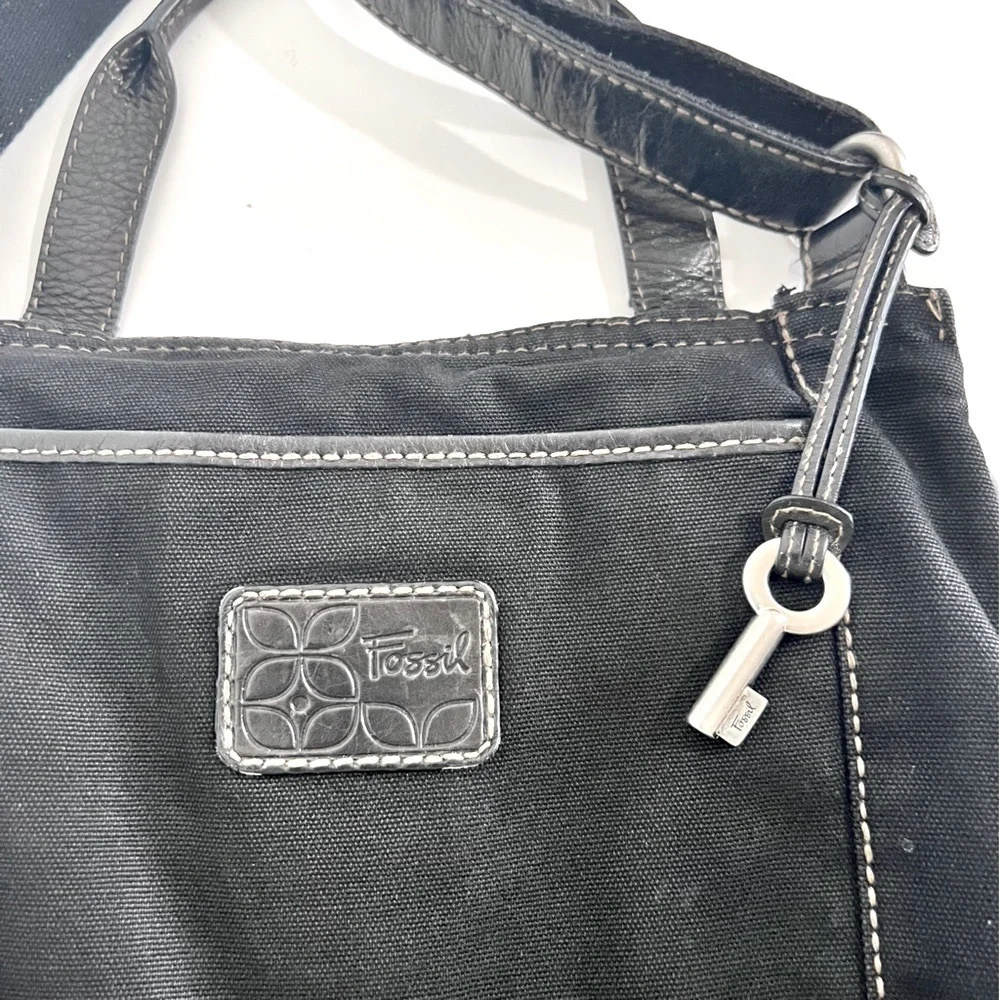 Fossil Black Leather & Canvas Messenger Crossbody Bag Purse Unisex